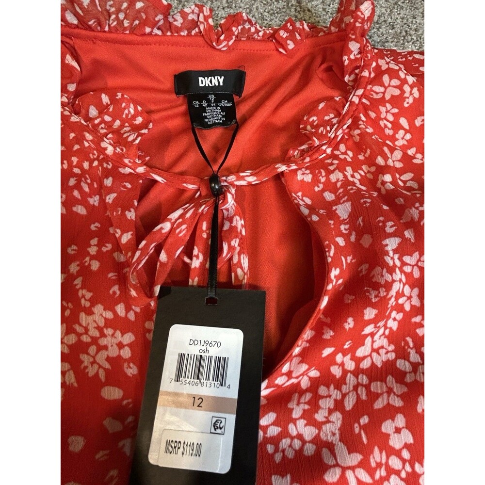 NWT Red floral DKNY‎ V Neck Flutter Dress 12 - Picture 4 of 6